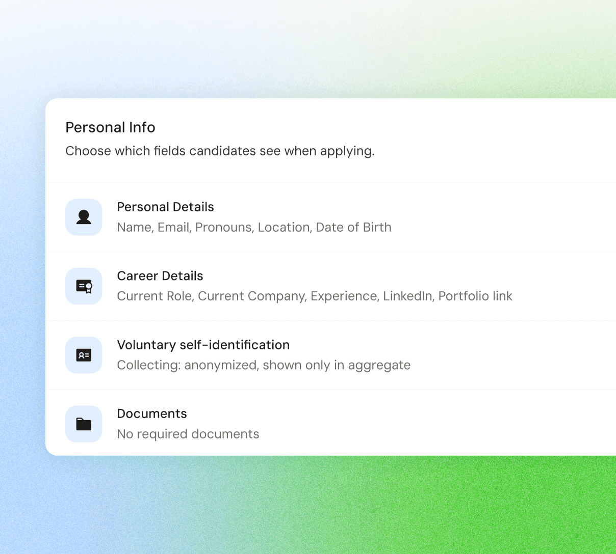 Application form builder with personal info sections and custom questions