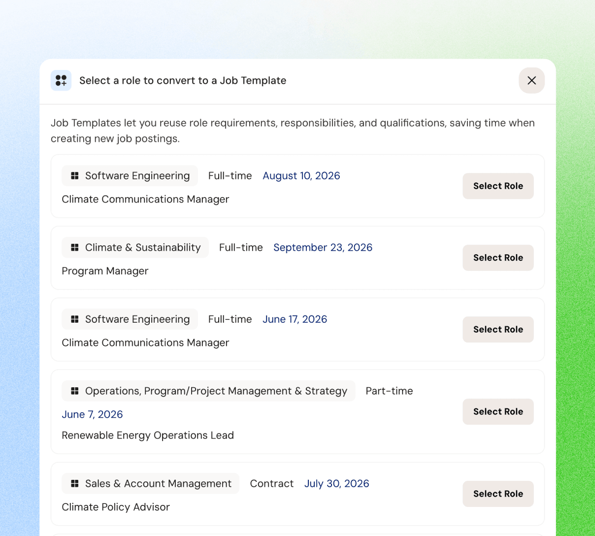 Create-a-role dialog with saved role templates ready to reuse
