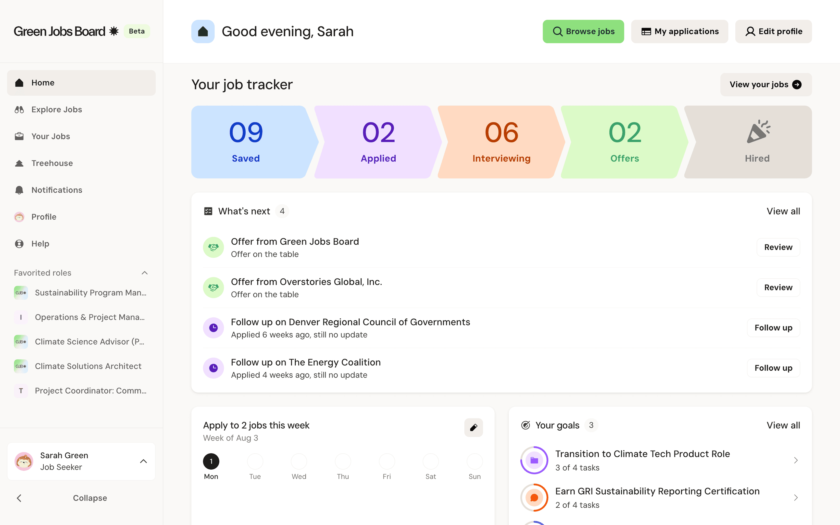 The Green Jobs Board job-seeker home dashboard